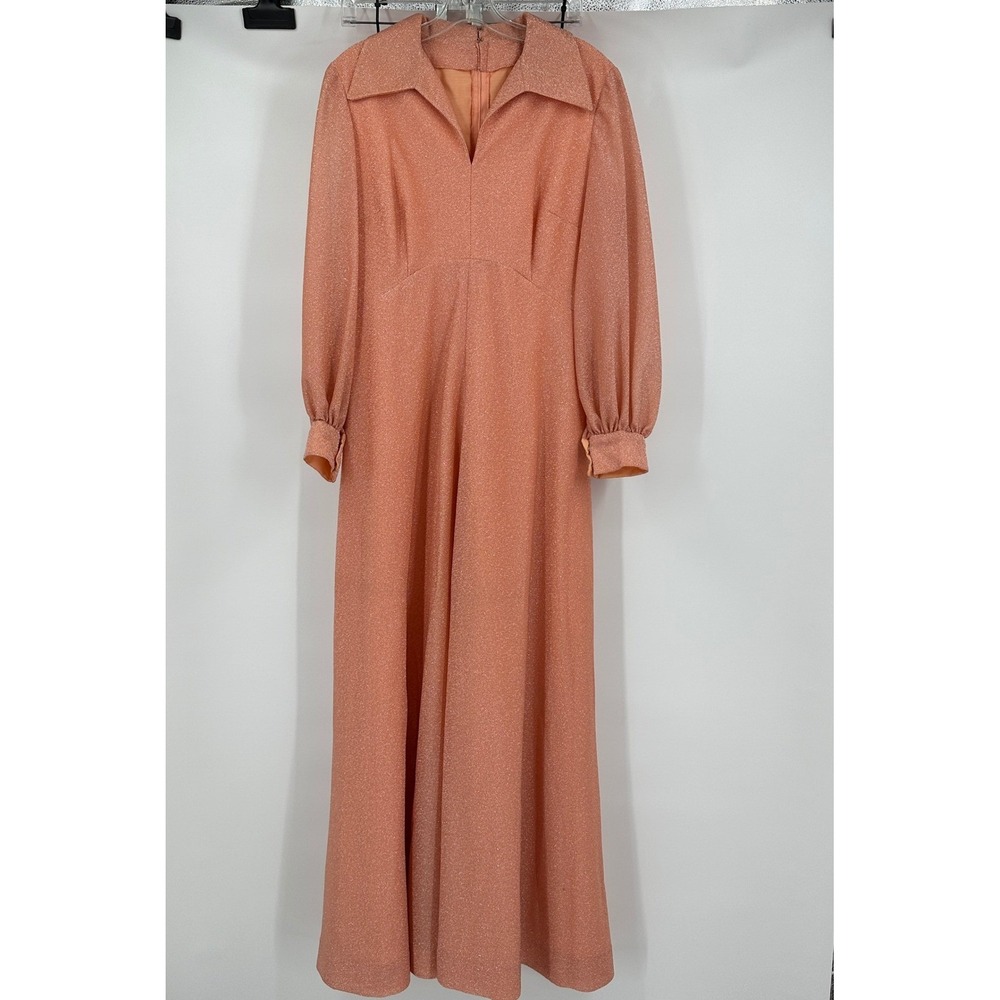 Women Vintage 70s Peach Metallic Shimmer Maxi Dress Size M Empire Waist Gala Mod